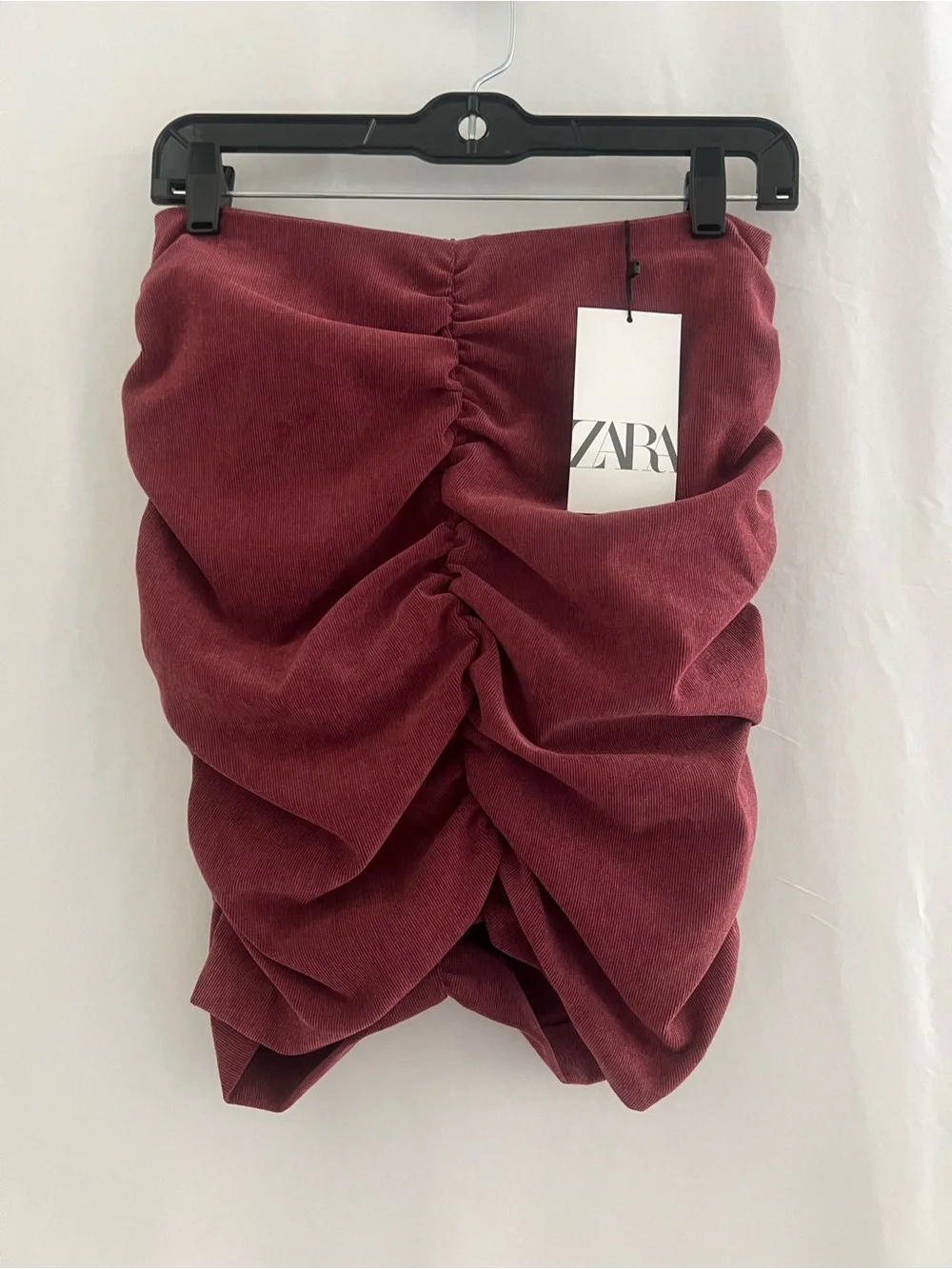 NWT Zara Draped Ruched Corduroy Mini Skirt in Burgundy Medium